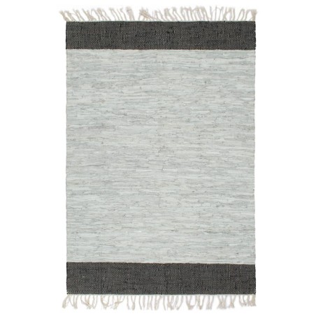vidaXL Handgewebter Chindi-Teppich Leder 190x280 cm Hellgrau Schwarz