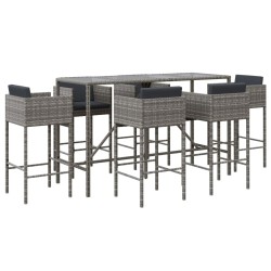 vidaXL 7-tlg. Gartenbar-Set mit Kissen Grau Poly Rattan