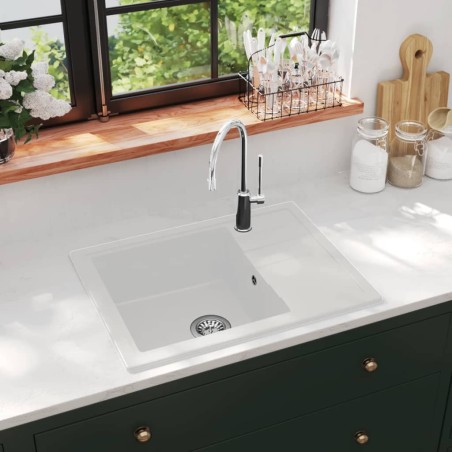 vidaXL Küchenspüle mit Überlauf Oval Weiß Granit