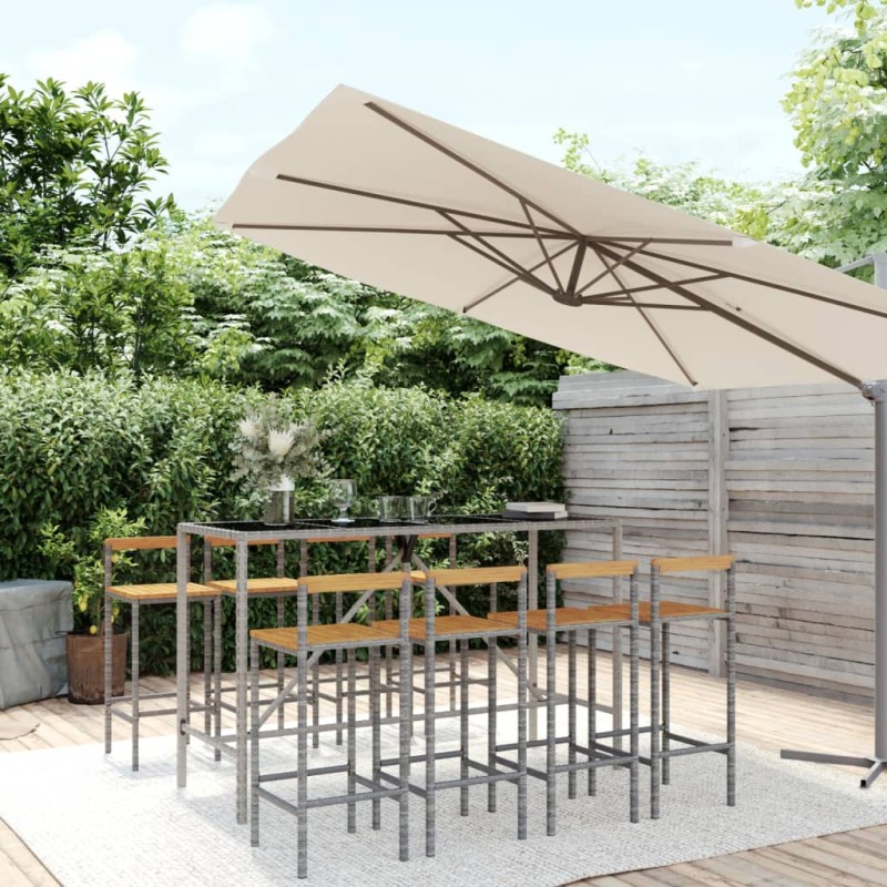 vidaXL 9-tlg. Gartenbar-Set Grau Poly Rattan & Massivholz Akazie vidaXL 9-tlg. Gartenbar-Set Grau Poly Rattan & Massivholz Akazie