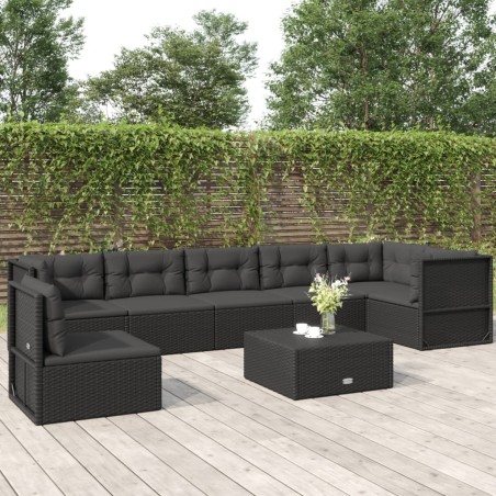 vidaXL 7-tlg. Garten-Lounge-Set mit Kissen Schwarz Poly Rattan