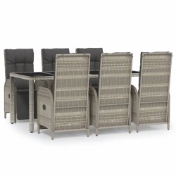 vidaXL 7-tlg. Garten-Essgruppe mit Kissen Grau Poly Rattan