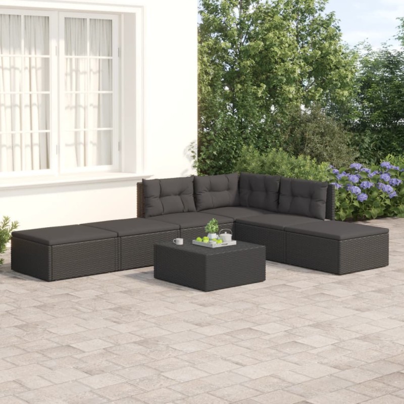 vidaXL 6-tlg. Garten-Lounge-Set mit Kissen Schwarz Poly Rattan vidaXL 6-tlg. Garten-Lounge-Set mit Kissen Schwarz Poly Rattan