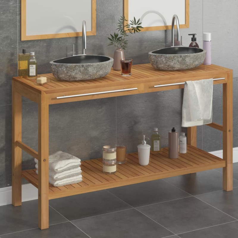 vidaXL Waschtischunterschrank Teak Massiv mit Flussstein Waschbecken vidaXL Waschtischunterschrank Teak Massiv mit Flussstein Waschbecken