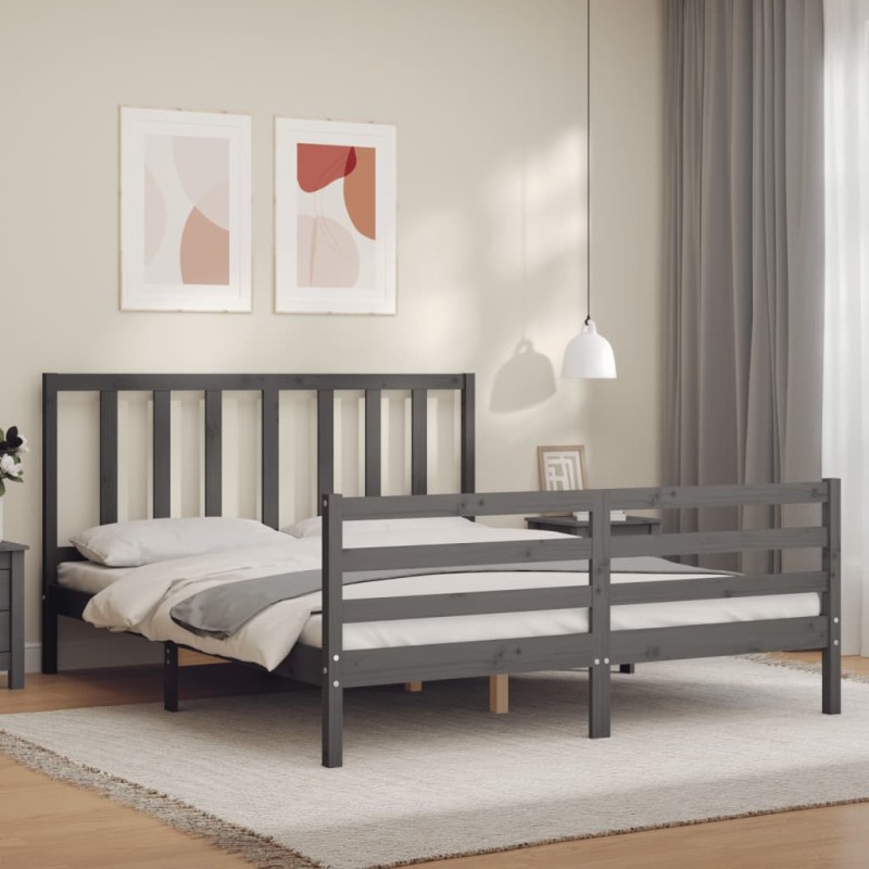 vidaXL Massivholzbett mit Kopfteil Grau 160x200 cm vidaXL Massivholzbett mit Kopfteil Grau 160x200 cm