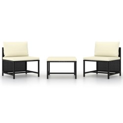 vidaXL 3-tlg. Garten-Sofagarnitur mit Auflagen Schwarz Poly Rattan