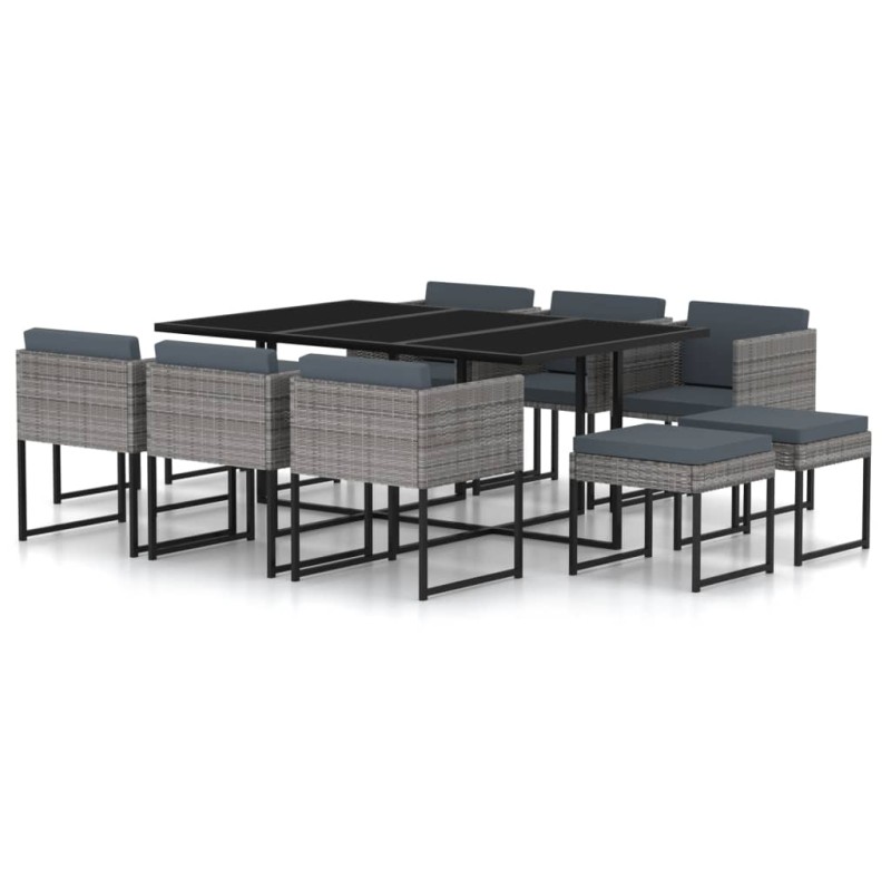 11-tlg. Garten-Essgruppe mit Kissen Poly Rattan Grau 11-tlg. Garten-Essgruppe mit Kissen Poly Rattan Grau
