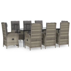 vidaXL 9-tlg. Garten-Essgruppe mit Kissen Schwarz und Grau Poly Rattan