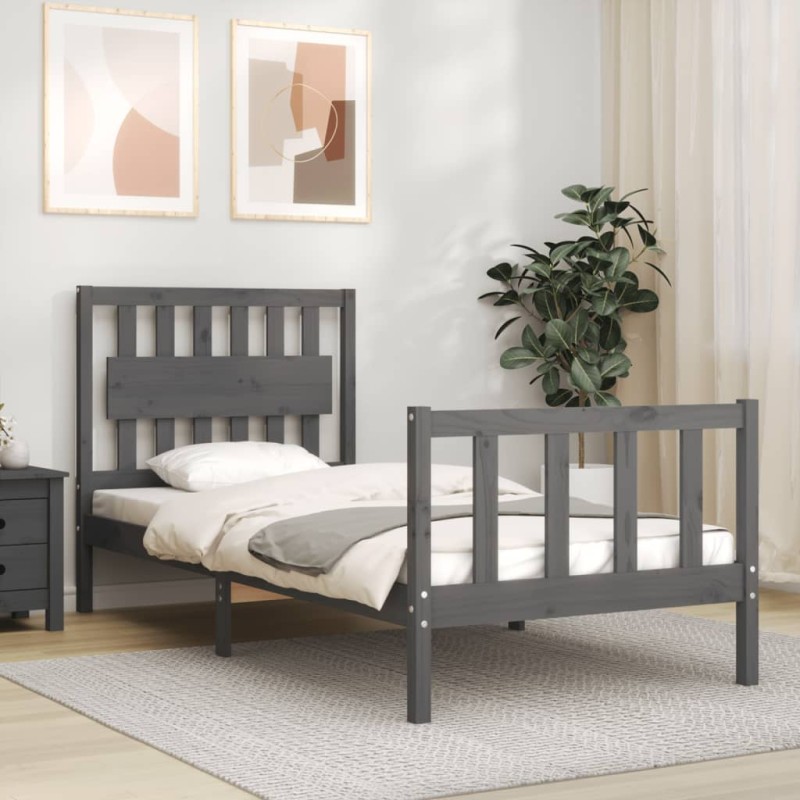 vidaXL Massivholzbett mit Kopfteil Grau 90x200 cm vidaXL Massivholzbett mit Kopfteil Grau 90x200 cm