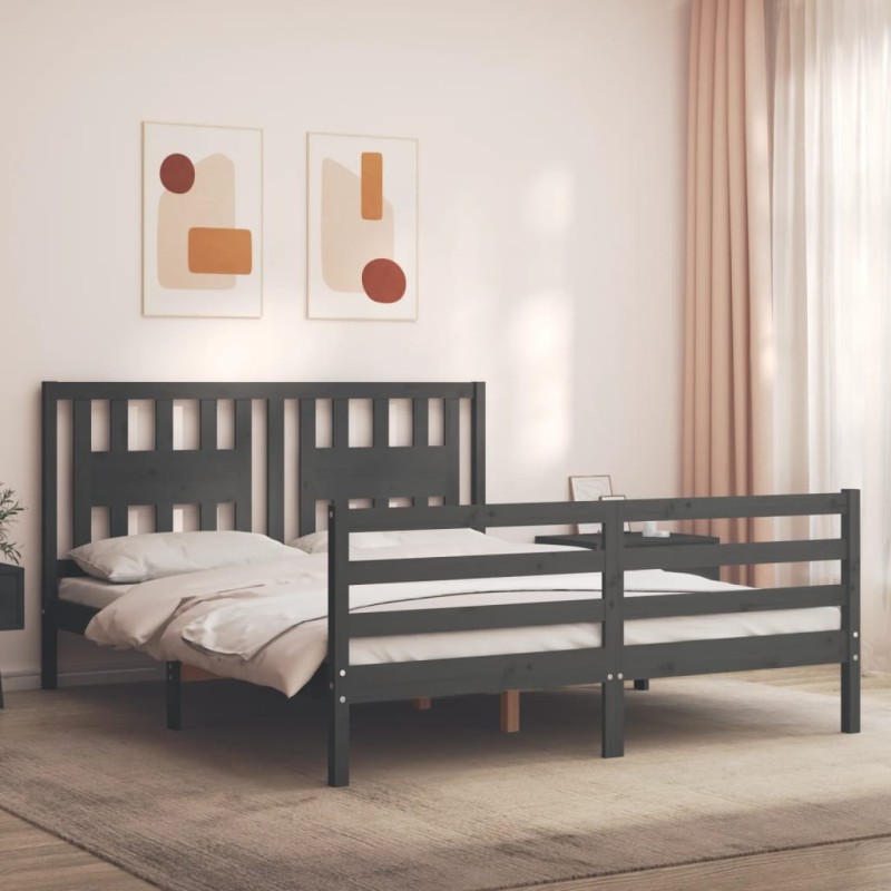 vidaXL Massivholzbett mit Kopfteil Grau 160x200 cm vidaXL Massivholzbett mit Kopfteil Grau 160x200 cm