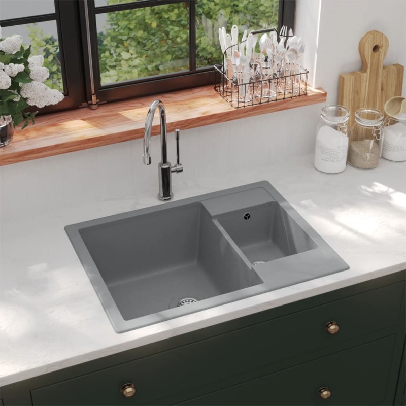 vidaXL Küchenspüle mit Überlauf Doppelbecken Grau Granit vidaXL Küchenspüle mit Überlauf Doppelbecken Grau Granit