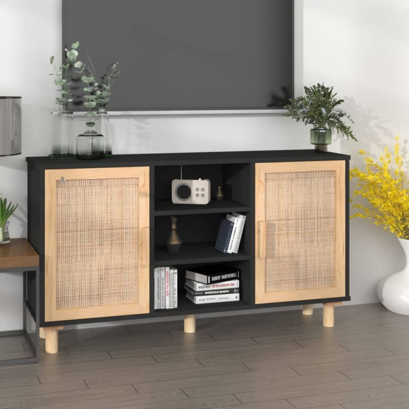 vidaXL Sideboard Schwarz 105x30x60 cm Massivholz Kiefer Natur-Rattan vidaXL Sideboard Schwarz 105x30x60 cm Massivholz Kiefer Natur-Rattan