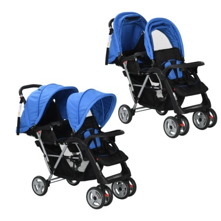 vidaXL Tandem-Kinderwagen Stahl Blau und Schwarz 