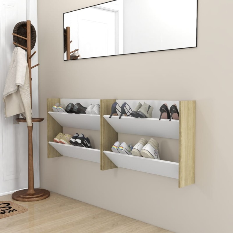 vidaXL Wand-Schuhschränke 2 Stk. Weiß Sonoma-Eiche 80x18x60cm vidaXL Wand-Schuhschränke 2 Stk. Weiß Sonoma-Eiche 80x18x60cm
