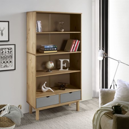 vidaXL Bücherregal OTTA mit 2 Schubladen Braun&Grau Massivholz Kiefer