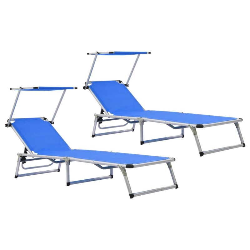 vidaXL Klappbare Sonnenliegen mit Dach 2 Stk. Aluminium Textilene Blau vidaXL Klappbare Sonnenliegen mit Dach 2 Stk. Aluminium Textilene Blau