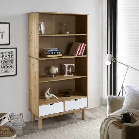 vidaXL Bücherregal OTTA mit 2 Schubladen Braun&Weiß Massivholz Kiefer