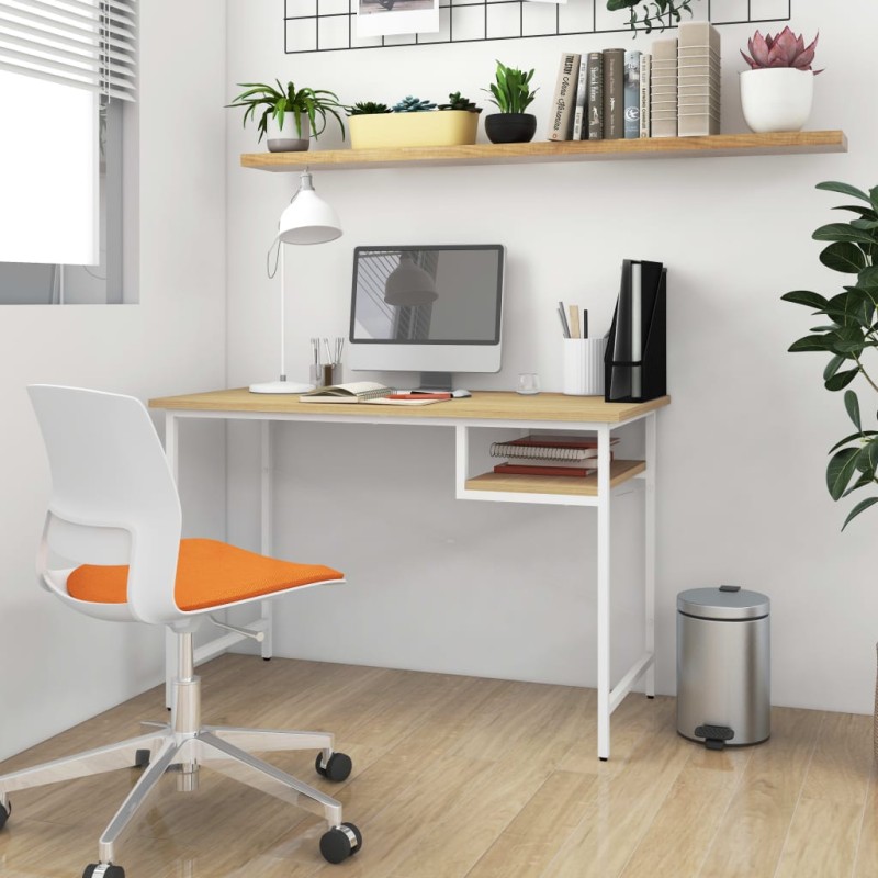 vidaXL Computertisch Weiß und Eiche Hell 105x55x72 cm MDF und Metall vidaXL Computertisch Weiß und Eiche Hell 105x55x72 cm MDF und Metall