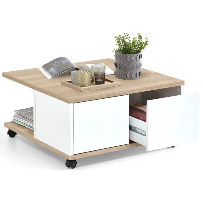 FMD Mobiler Couchtisch 70×70×36 cm Eichenbraun und Hochglanz-Weiß FMD Mobiler Couchtisch 70×70×36 cm Eichenbraun und Hochglanz-Weiß