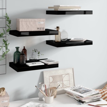 vidaXL Schwebende Wandregale 4 Stk. Hochglanz-Schwarz 40x23x3,8cm MDF 