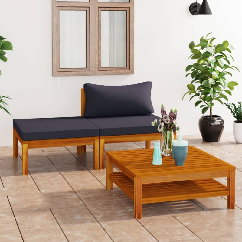 3-tlg. Garten-Lounge-Set mit Dunkelgrauen Kissen Akazienholz 3-tlg. Garten-Lounge-Set mit Dunkelgrauen Kissen Akazienholz