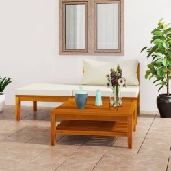 3-tlg. Garten-Lounge-Set mit Cremeweißen Kissen Akazienholz