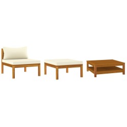 3-tlg. Garten-Lounge-Set mit Cremeweißen Kissen Akazienholz