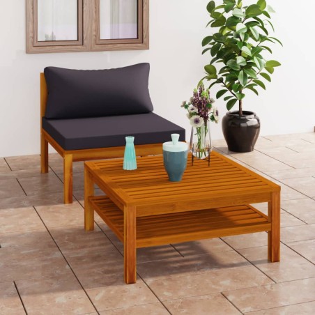 2-tlg. Garten-Sofagarnitur mit Dunkelgrauen Kissen Akazienholz