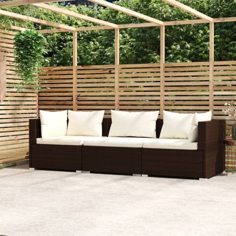 3-Sitzer-Sofa mit Kissen Braun Poly Rattan 3-Sitzer-Sofa mit Kissen Braun Poly Rattan