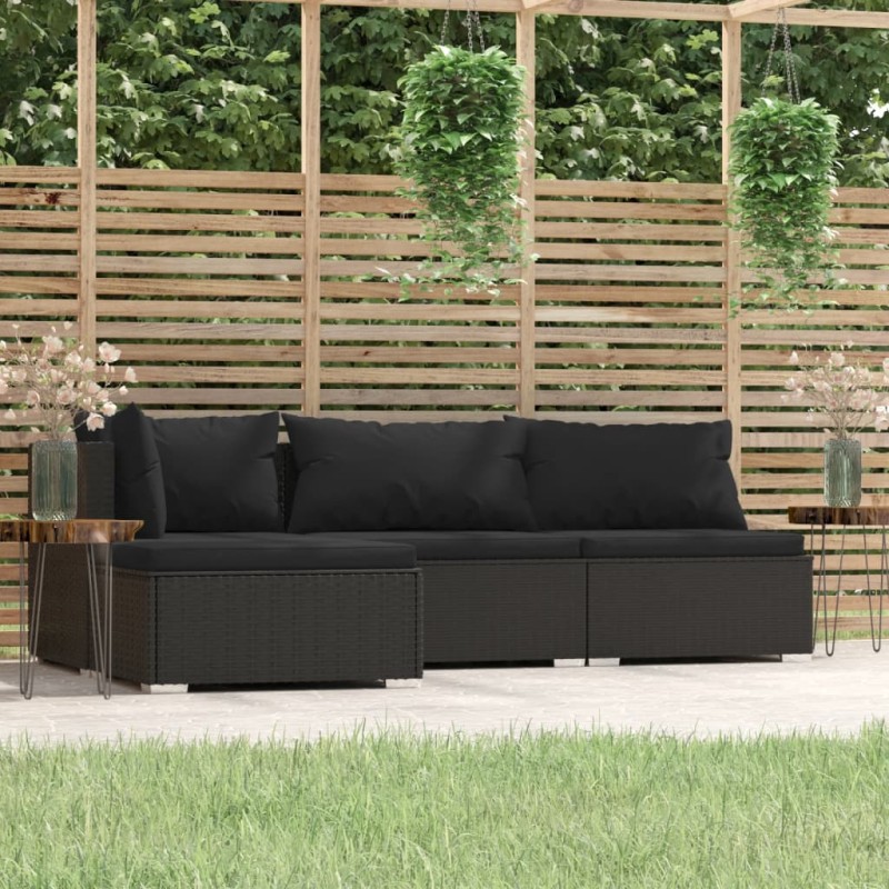 4-tlg. Garten-Lounge-Set mit Auflagen Schwarz Poly Rattan 4-tlg. Garten-Lounge-Set mit Auflagen Schwarz Poly Rattan