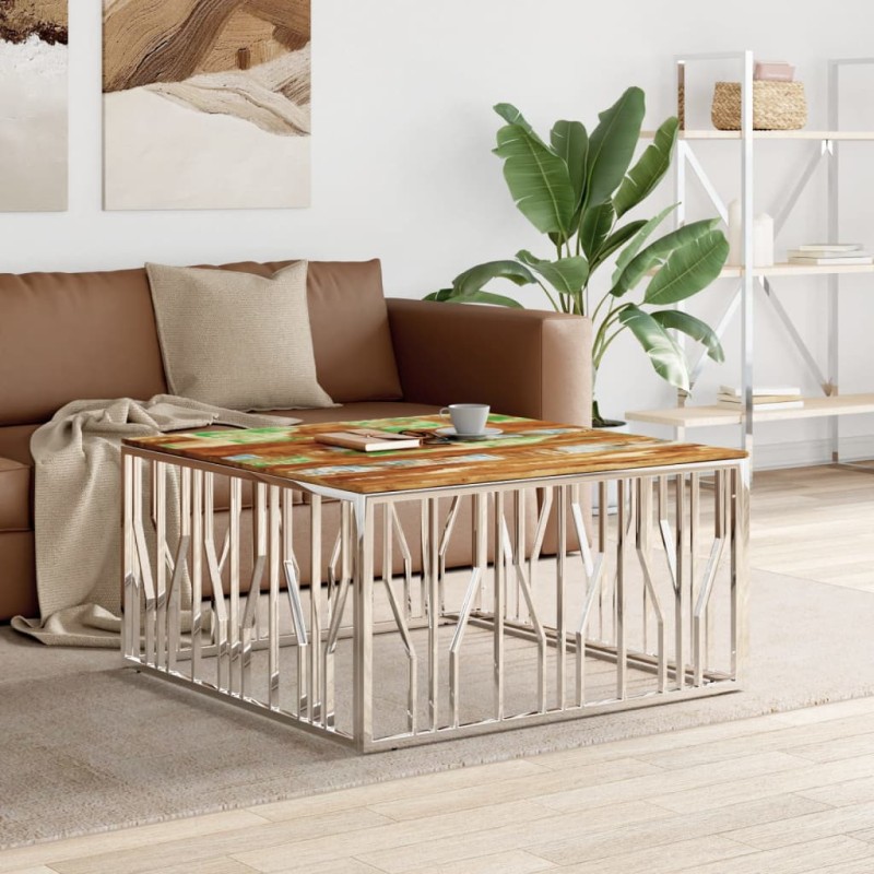 vidaXL Couchtisch Silbern Edelstahl und Altholz Massiv vidaXL Couchtisch Silbern Edelstahl und Altholz Massiv