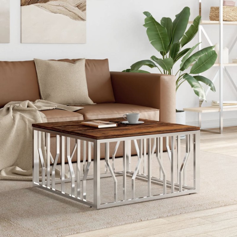 vidaXL Couchtisch Silbern Edelstahl und Altholz Massiv vidaXL Couchtisch Silbern Edelstahl und Altholz Massiv