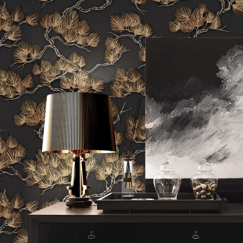 DUTCH WALLCOVERINGS Tapete Kiefer-Motiv Schwarz und Golden DUTCH WALLCOVERINGS Tapete Kiefer-Motiv Schwarz und Golden