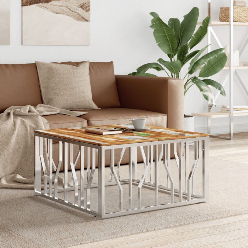 vidaXL Couchtisch Silbern Edelstahl und Altholz Massiv vidaXL Couchtisch Silbern Edelstahl und Altholz Massiv