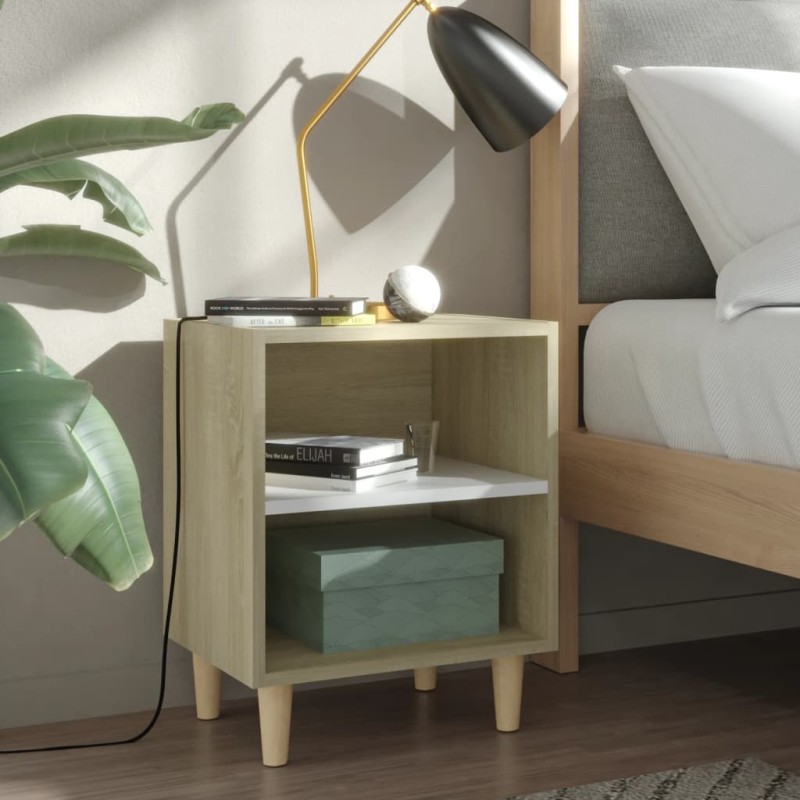 vidaXL Nachttisch mit Massivholz-Beinen Sonoma-Eiche Weiß 40x30x50cm vidaXL Nachttisch mit Massivholz-Beinen Sonoma-Eiche Weiß 40x30x50cm