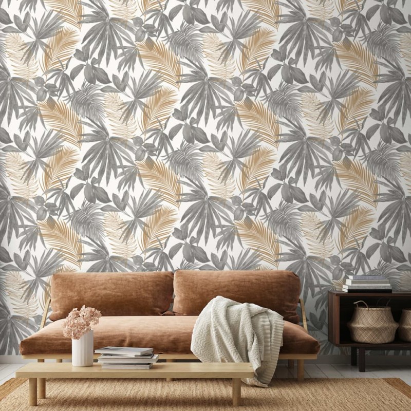 DUTCH WALLCOVERINGS Tapete Palmen-Motiv Grau und Beige DUTCH WALLCOVERINGS Tapete Palmen-Motiv Grau und Beige