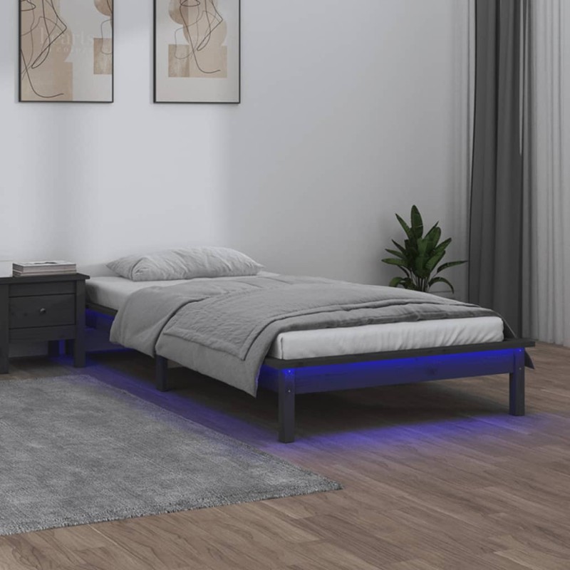 vidaXL Massivholzbett mit LEDs Grau 90x190 cm vidaXL Massivholzbett mit LEDs Grau 90x190 cm