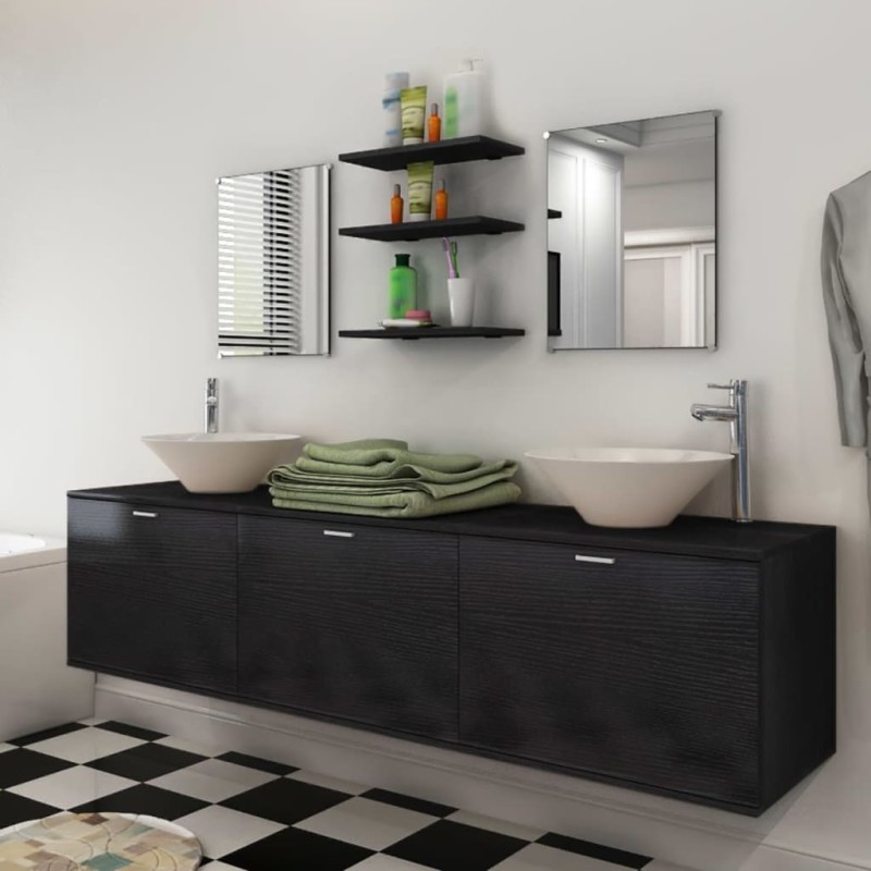 vidaXL 10-tlg. Badmöbel-Set mit Waschbecken und Wasserhahn Schwarz vidaXL 10-tlg. Badmöbel-Set mit Waschbecken und Wasserhahn Schwarz