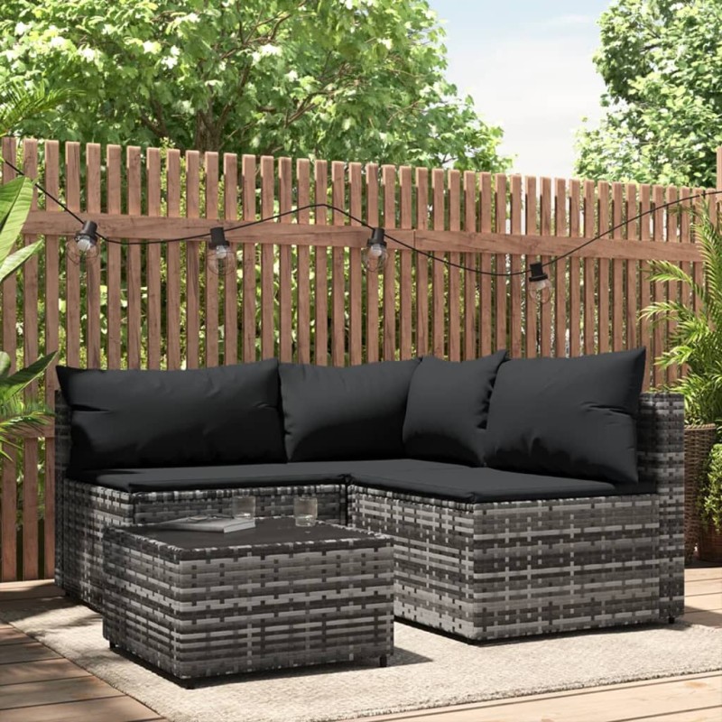 vidaXL 4-tlg. Garten-Lounge-Set mit Kissen Grau Poly Rattan vidaXL 4-tlg. Garten-Lounge-Set mit Kissen Grau Poly Rattan