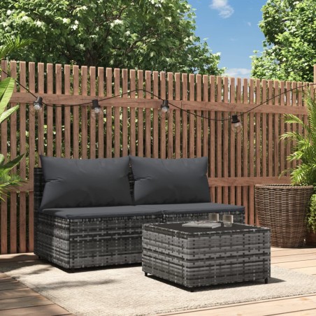 vidaXL 3-tlg. Garten-Lounge-Set mit Kissen Grau Poly Rattan