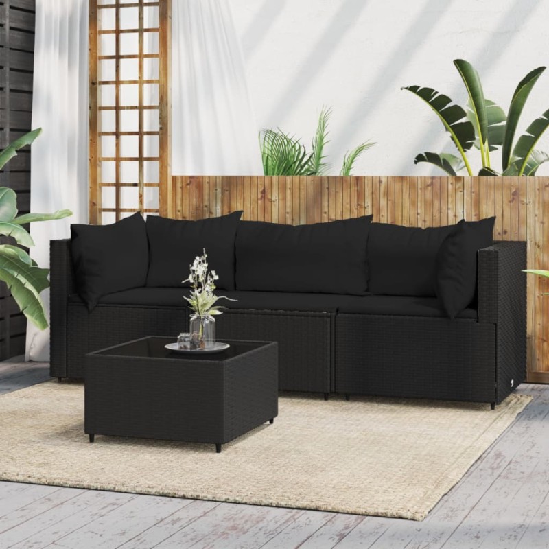 vidaXL 4-tlg. Garten-Lounge-Set mit Kissen Schwarz Poly Rattan vidaXL 4-tlg. Garten-Lounge-Set mit Kissen Schwarz Poly Rattan