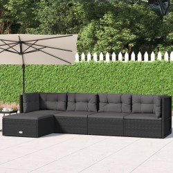 5-tlg. Garten-Lounge-Set mit Kissen Schwarz Poly Rattan