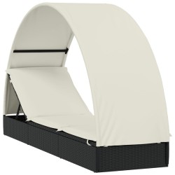 Sonnenliege mit Runddach Schwarz 211x57x140 cm Poly Rattan