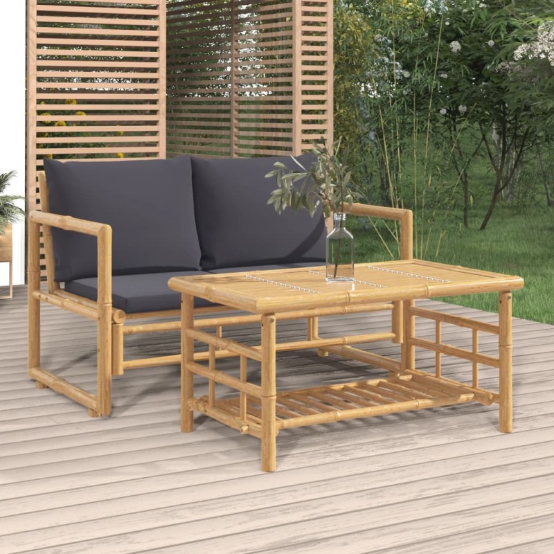 2-tlg. Garten-Lounge-Set mit Dunkelgrauen Kissen Bambus 2-tlg. Garten-Lounge-Set mit Dunkelgrauen Kissen Bambus