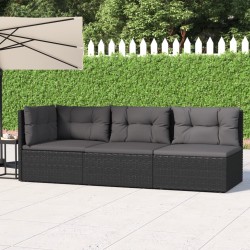 3-tlg. Garten-Lounge-Set mit Kissen Schwarz Poly Rattan