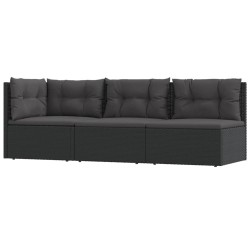 3-tlg. Garten-Lounge-Set mit Kissen Schwarz Poly Rattan