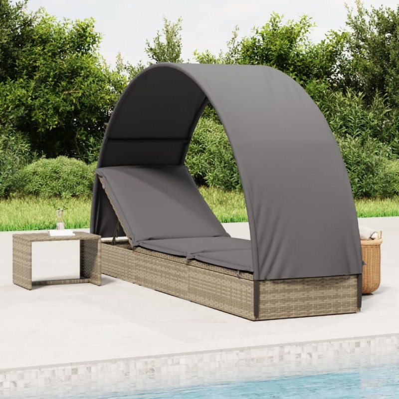 Sonnenliege mit Runddach Grau 211x57x140 cm Poly Rattan Sonnenliege mit Runddach Grau 211x57x140 cm Poly Rattan