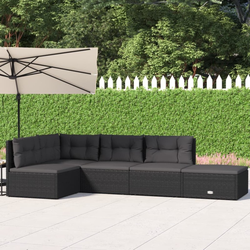 5-tlg. Garten-Lounge-Set mit Kissen Schwarz Poly Rattan 5-tlg. Garten-Lounge-Set mit Kissen Schwarz Poly Rattan
