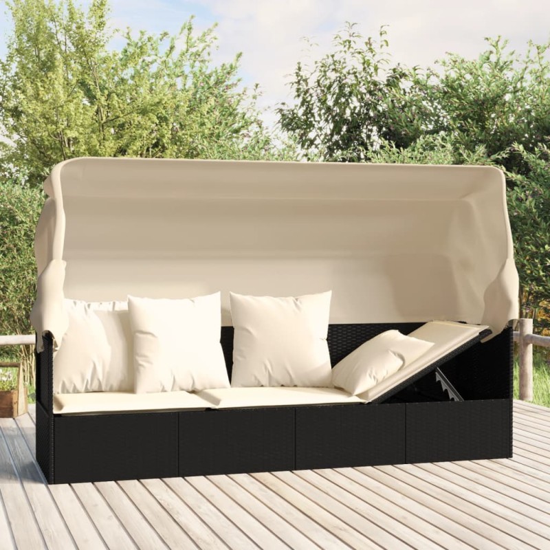 Outdoor-Loungebett mit Dach und Kissen Schwarz Poly Rattan Outdoor-Loungebett mit Dach und Kissen Schwarz Poly Rattan