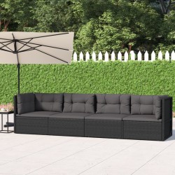 4-tlg. Garten-Lounge-Set mit Kissen Schwarz Poly Rattan